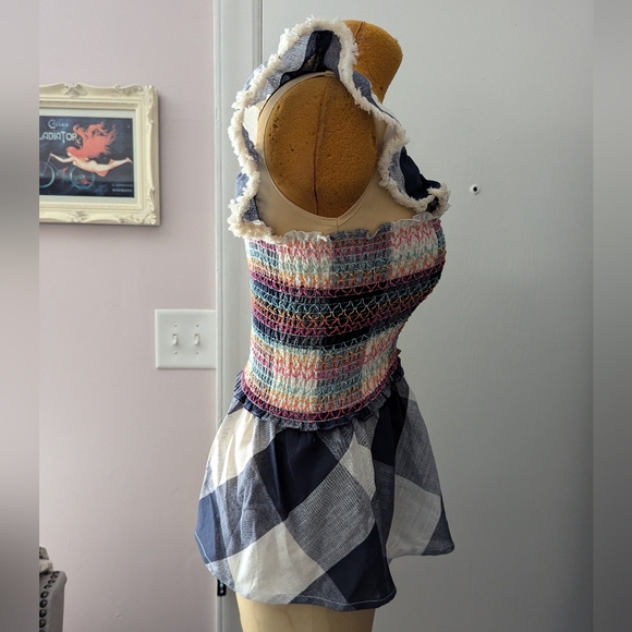 Women's Plaid Ruffle Tank Smocked Gingham Cotton Blend size XS - Picture 2 of 7